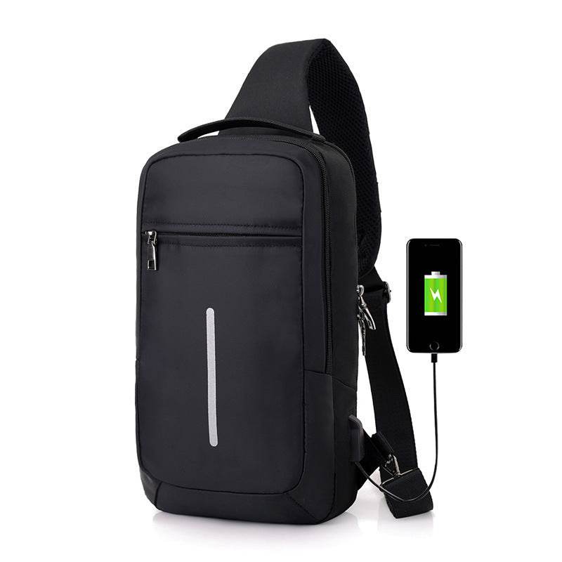 Black sling anti-theft chest bag with USB charging from Holy Mango Store with reflective strip and padded strap