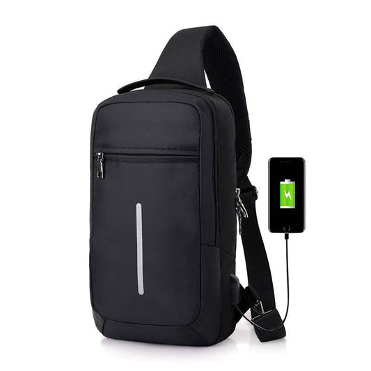 Black sling anti-theft chest bag with USB charging from Holy Mango Store with reflective strip and padded strap