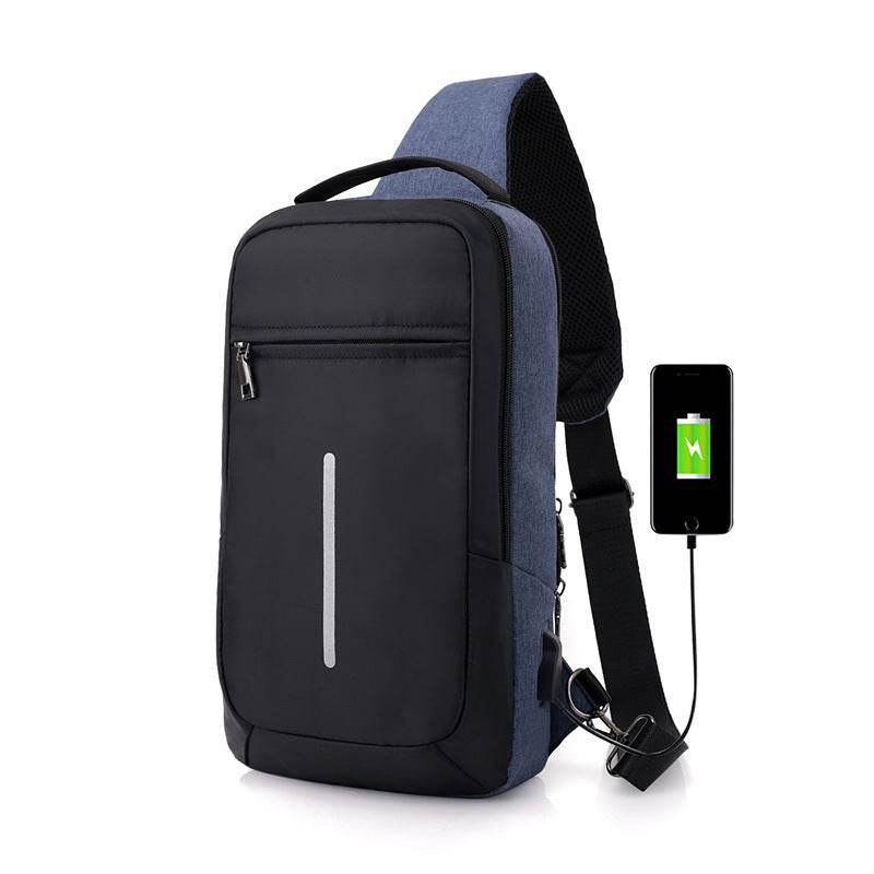 Holy Mango Store anti-theft chest bag with USB charging black and blue sling pack with reflective strip