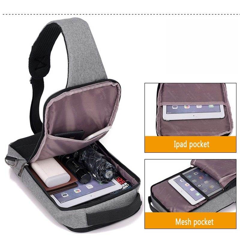Holy Mango Store grey mens sling bag open showing tablet power bank mesh pocket anti-theft chest bag with USB charging