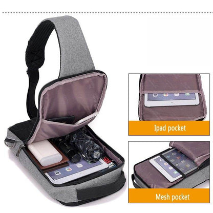 Holy Mango Store grey mens sling bag open showing tablet power bank mesh pocket anti-theft chest bag with USB charging