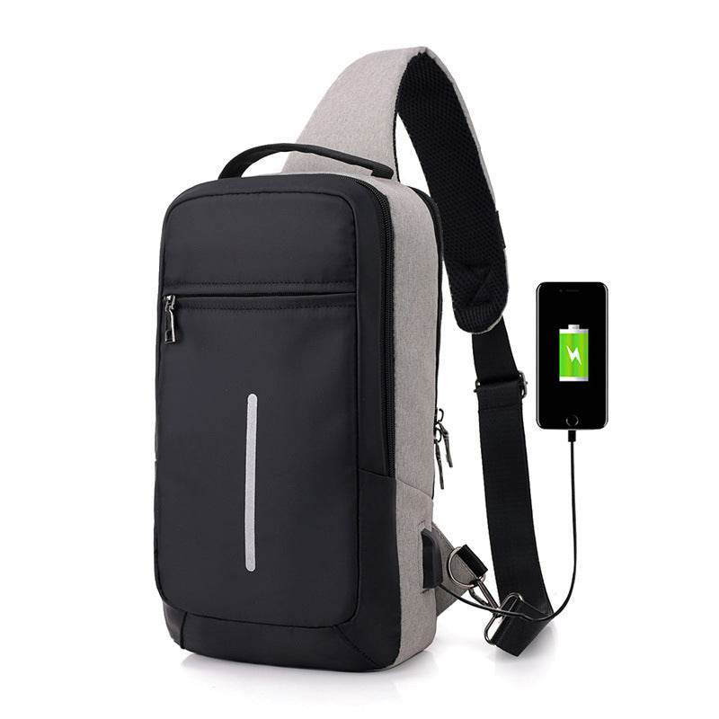 Holy Mango Store anti-theft chest bag with USB charging black and gray sling with reflective strip