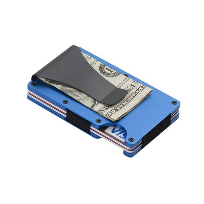Holy Mango Store blue slim card holder with black money clip and visible bills and cards carbon fiber wallet for men