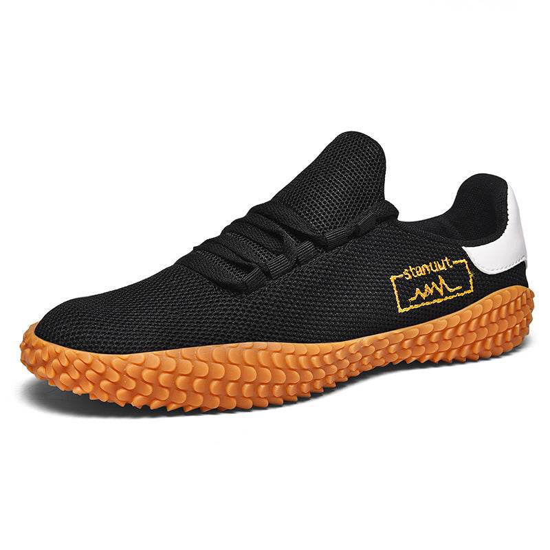 Holy Mango Store men's breathable knit sneakers in black with orange textured sole and yellow detail