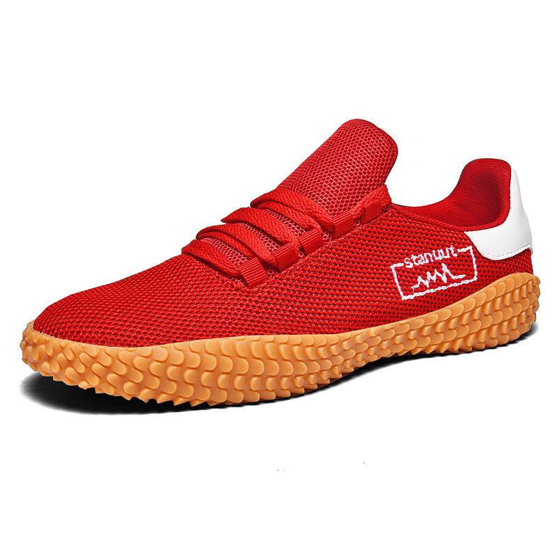 Men's breathable knit sneakers in red with textured gum sole from Holy Mango Store