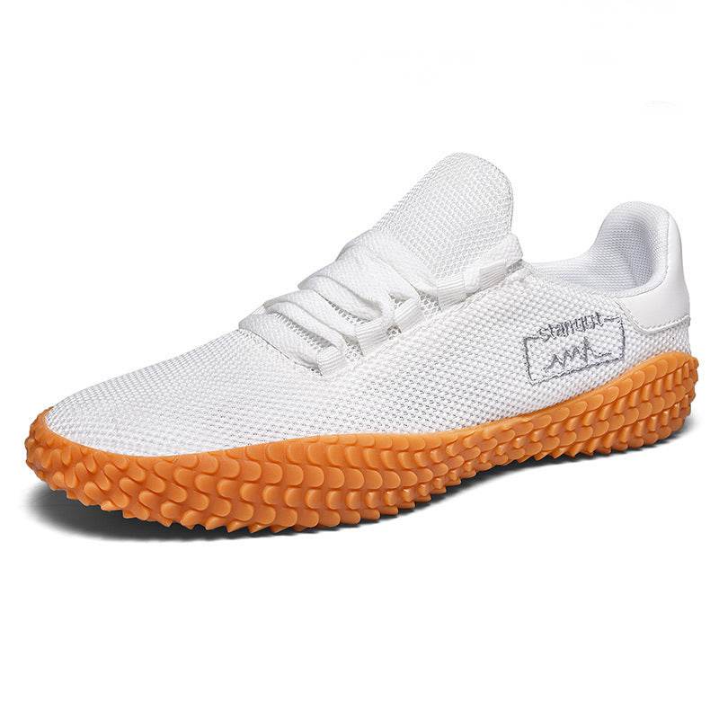 Men's breathable knit sneakers in white with textured orange sole from Holy Mango Store