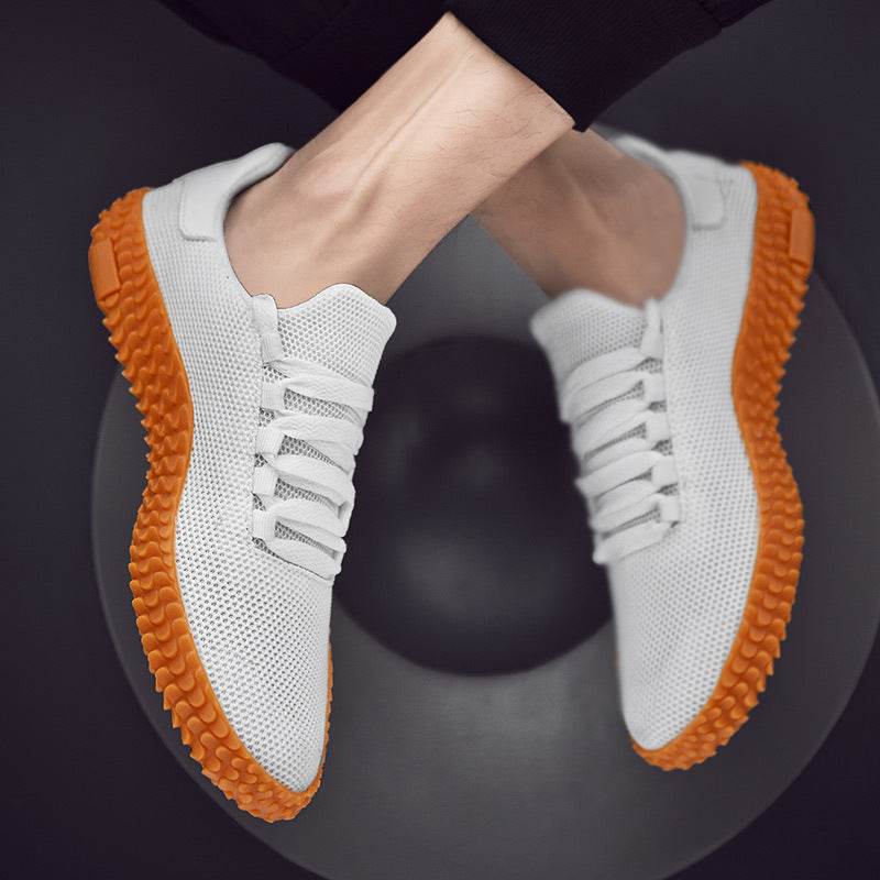 Holy Mango Store men's breathable knit sneakers in white with orange textured soles
