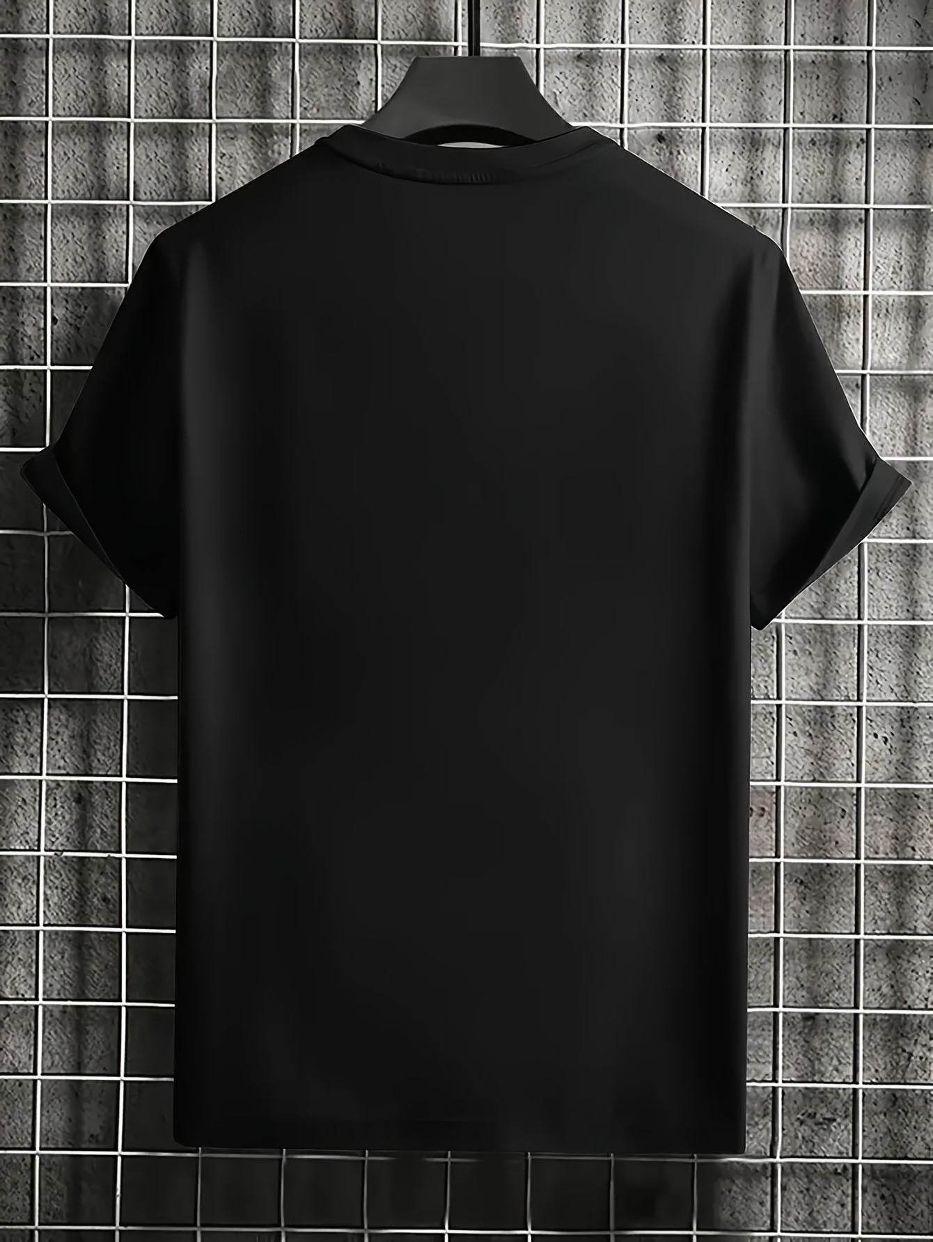 Black summer faith tee for men from Holy Mango Store with rolled short sleeves on hanger