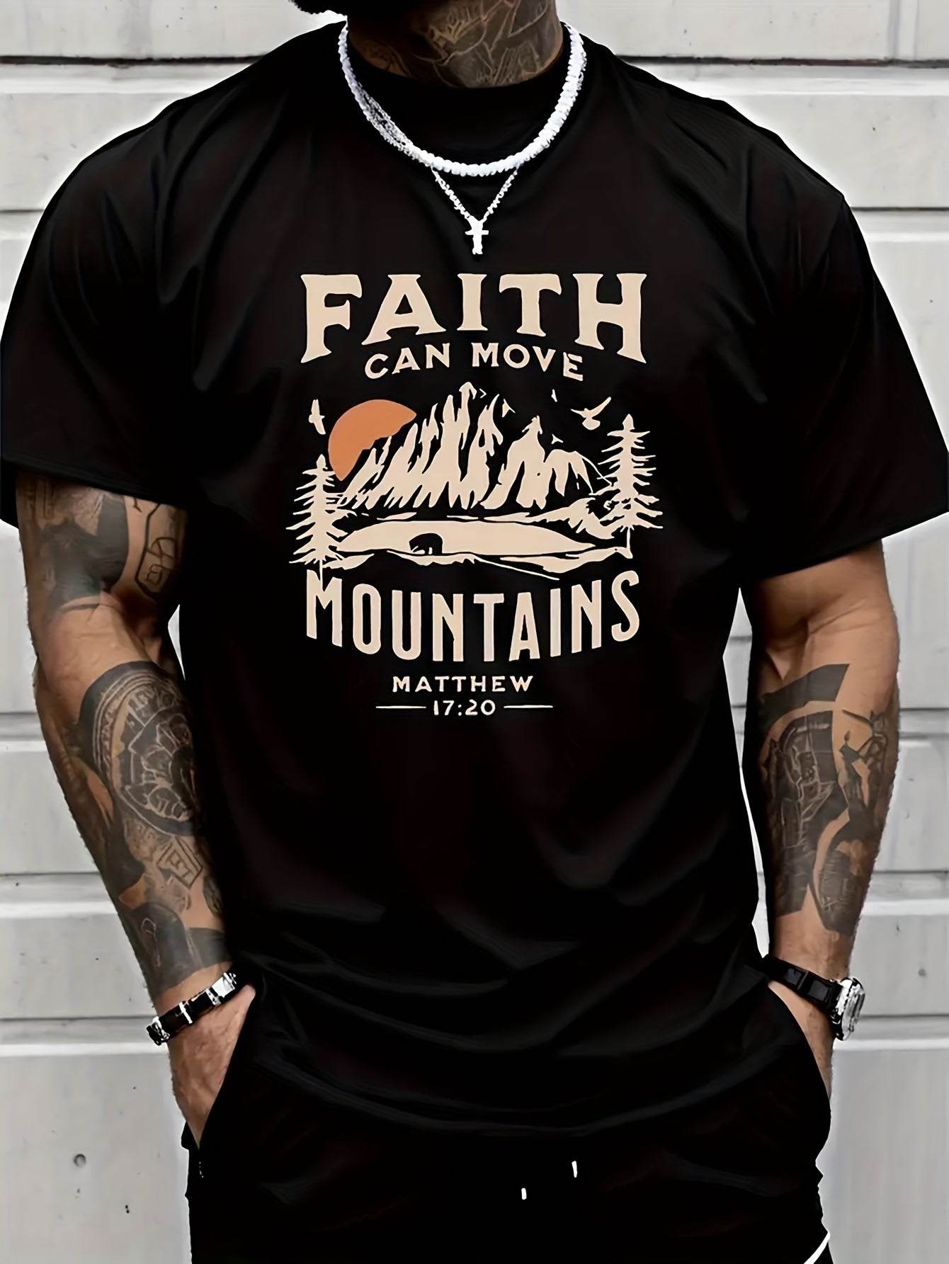 Black summer faith tee for men with Faith Can Move Mountains graphic from Holy Mango Store
