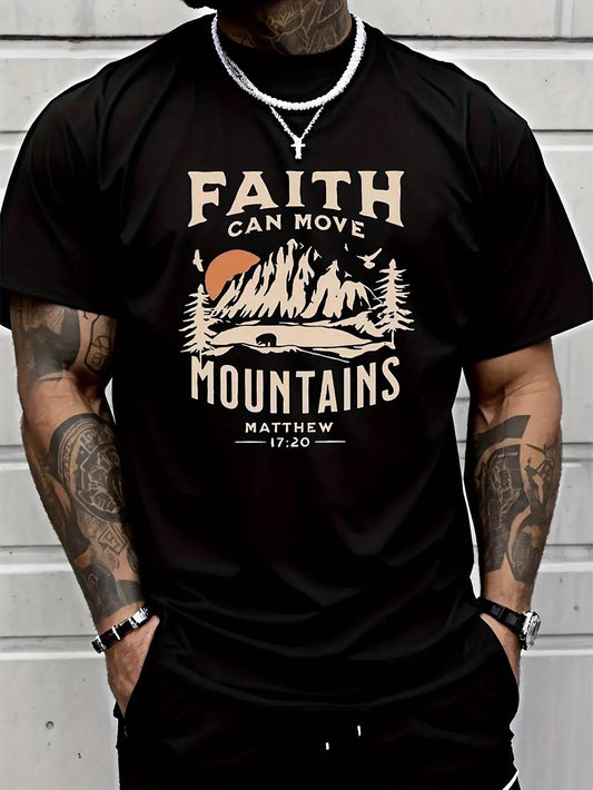 Black summer faith tee for men with Faith Can Move Mountains graphic from Holy Mango Store