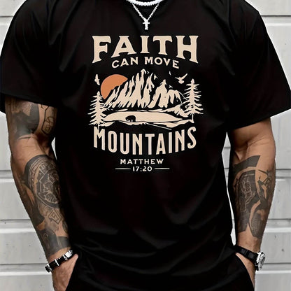 Black summer faith tee for men with faith can move mountains design and scripture Matthew 17:20