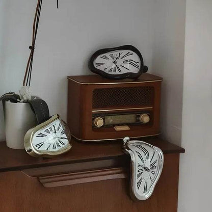 DALI inspired melting clock set of three decorative clocks draped over vintage radio and shelf home decor