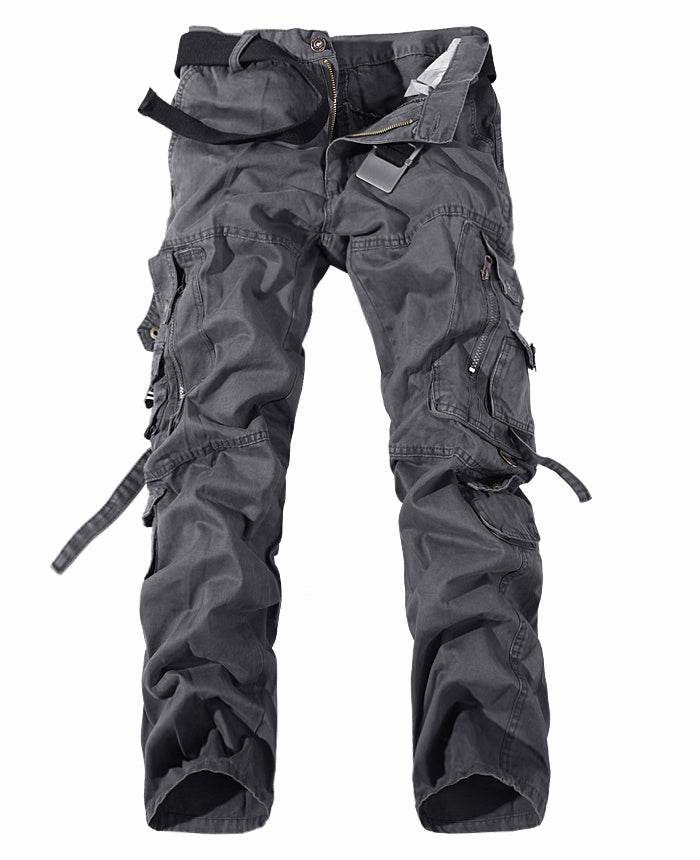 Holy Mango Store men's multi-pocket cargo pants in charcoal gray with multiple utility pockets and belt