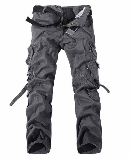 Holy Mango Store men's multi-pocket cargo pants in charcoal gray with multiple utility pockets and belt