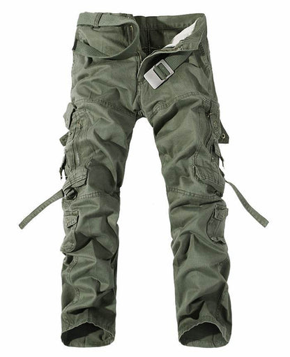 Holy Mango Store men's multi-pocket cargo pants in olive green with multiple flap and zip pockets and adjustable straps