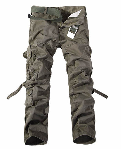 Holy Mango Store men's multi-pocket cargo pants olive green with adjustable belt and utility pockets