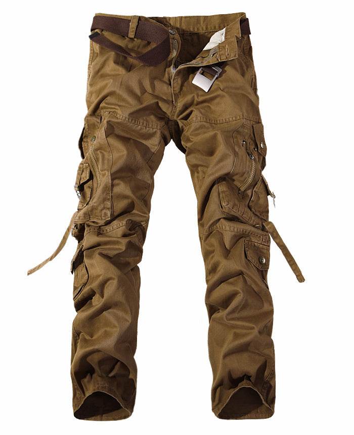 Brown khaki men's multi-pocket cargo pants with belt multiple utility pockets straps and adjustable cuffs