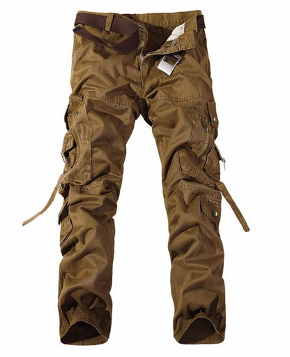 Brown khaki men's multi-pocket cargo pants with belt multiple utility pockets straps and adjustable cuffs