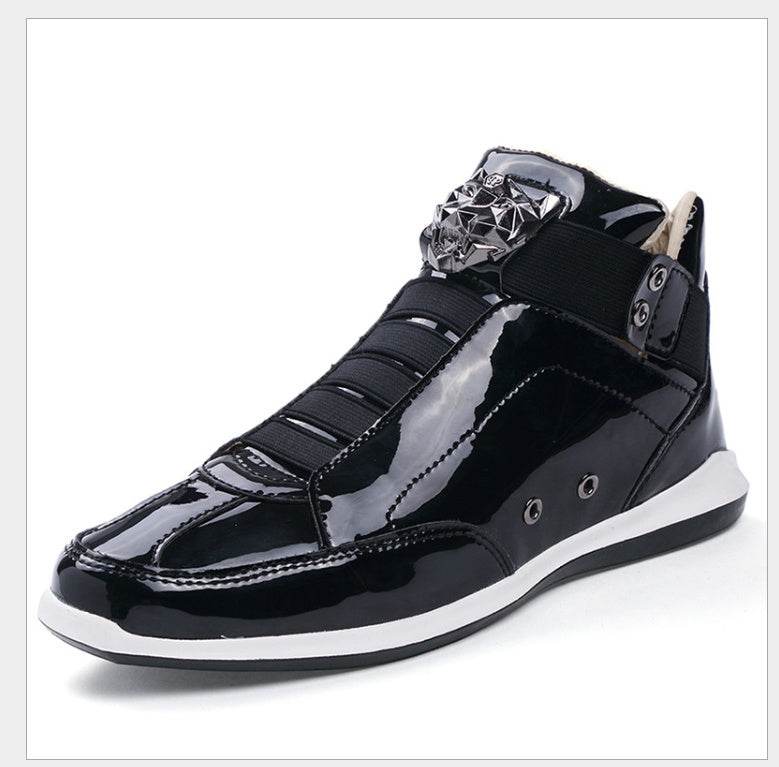Holy Mango Store black shiny trendy men's fashion sneakers with geometric detail and white sole