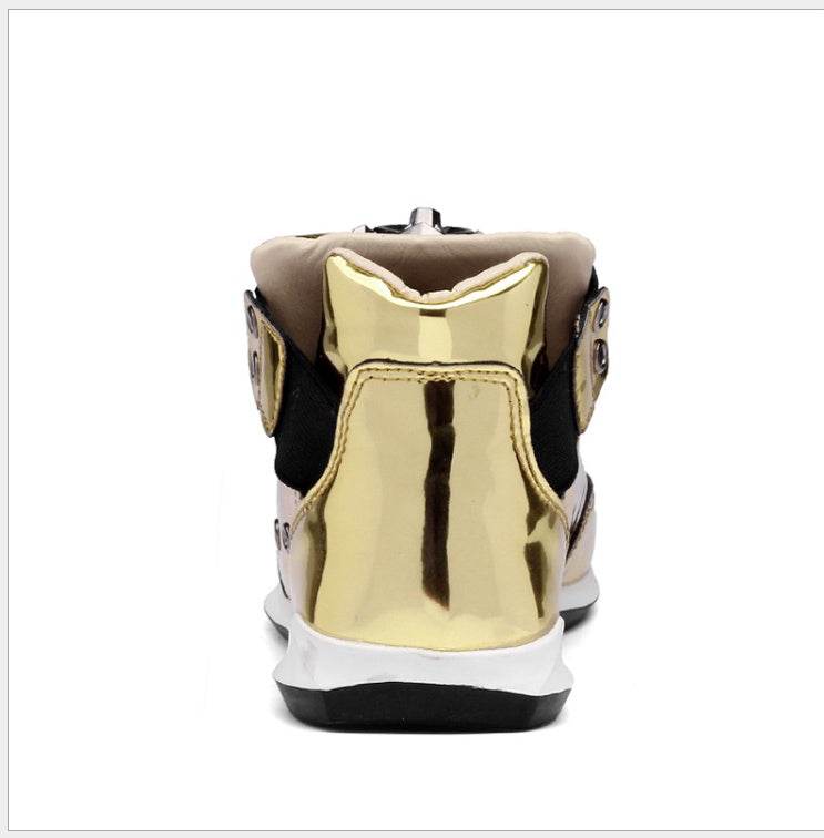Rear view of trendy men's fashion sneakers in gold and black from Holy Mango Store men's collection