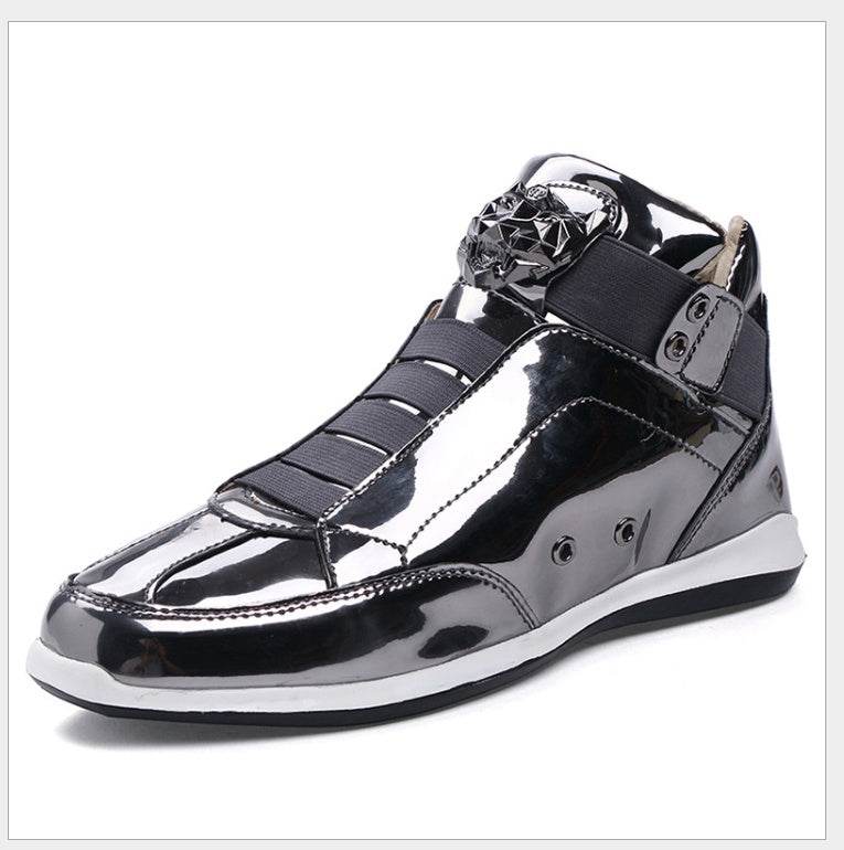 Holy Mango Store glossy black high-top trendy men's fashion sneakers with decorative buckle and white sole