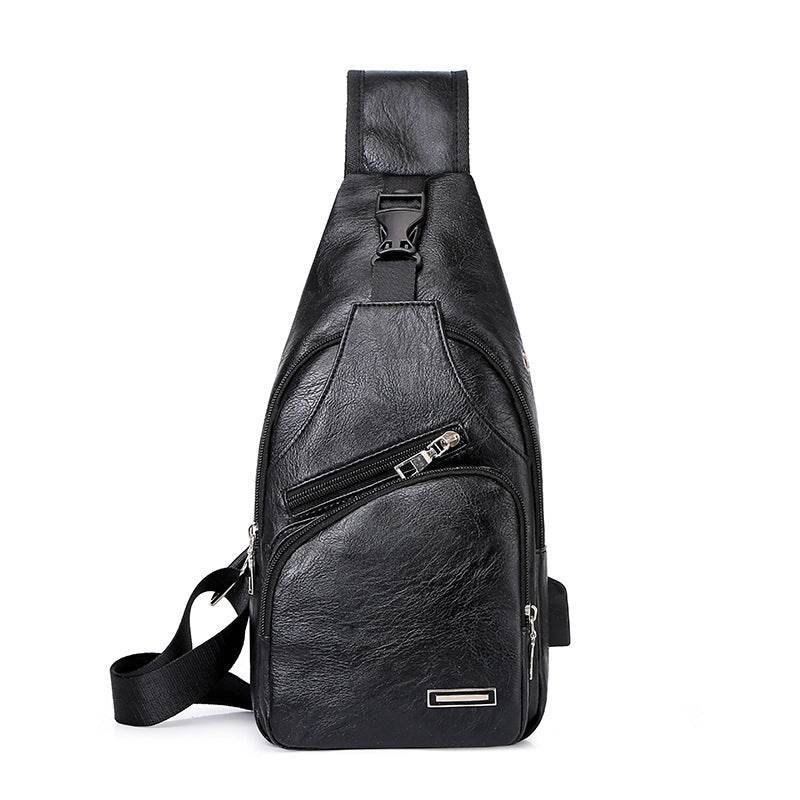 Holy Mango Store black leather men's USB charging chest bag with adjustable strap and multiple pockets