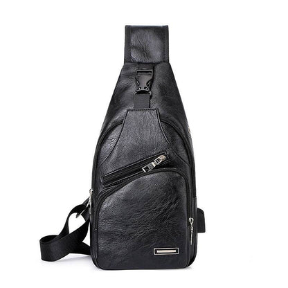 Holy Mango Store black leather men's USB charging chest bag with adjustable strap and multiple pockets