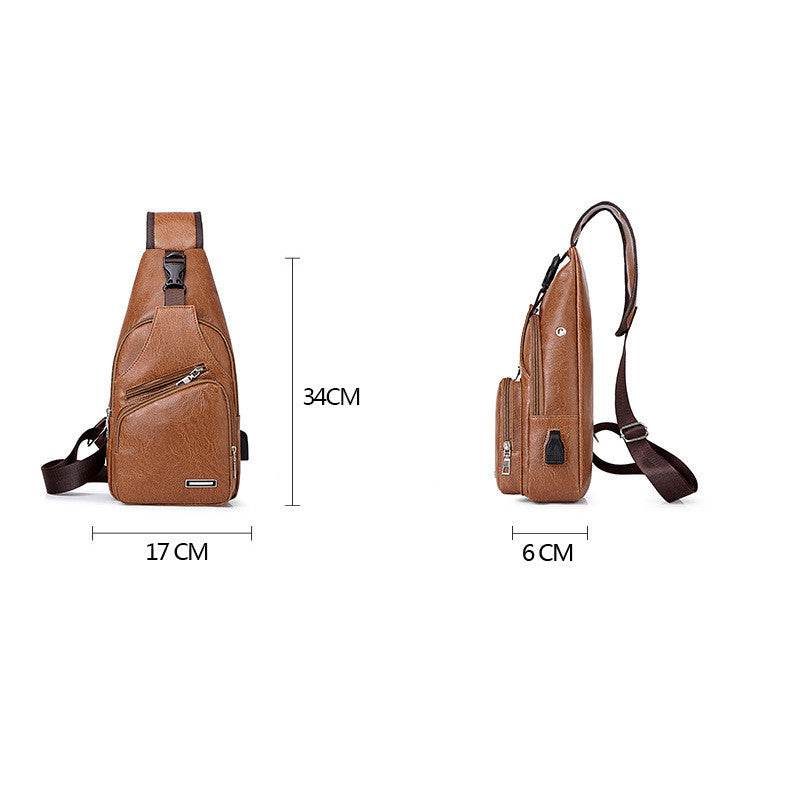 Brown leather sling with USB port and adjustable strap men's USB charging chest bag 34x17x6 cm