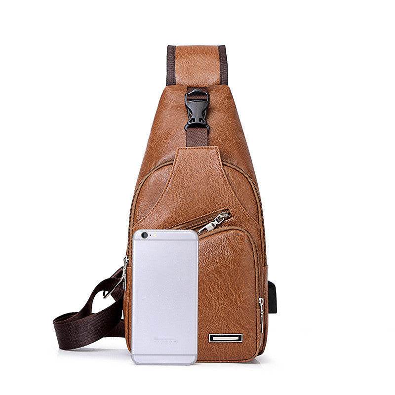 Holy Mango Store men's USB charging chest bag brown leather sling with front pockets and adjustable shoulder strap