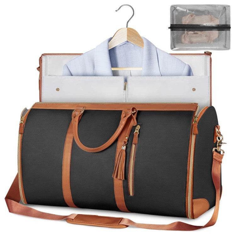 Holy Mango Store womens black travel carry on duffle bag with garment compartment tan leather trim and shoulder strap