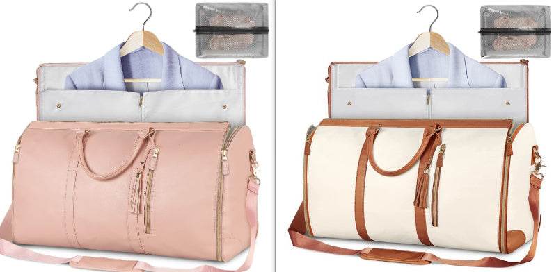 Holy Mango Store womens carry on duffle bag with garment compartment shown in blush pink and cream