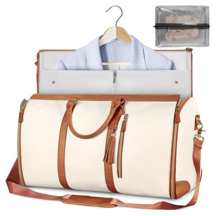 Holy Mango Store cream and tan carry on duffle bag with garment compartment shoulder strap tassel and hanger