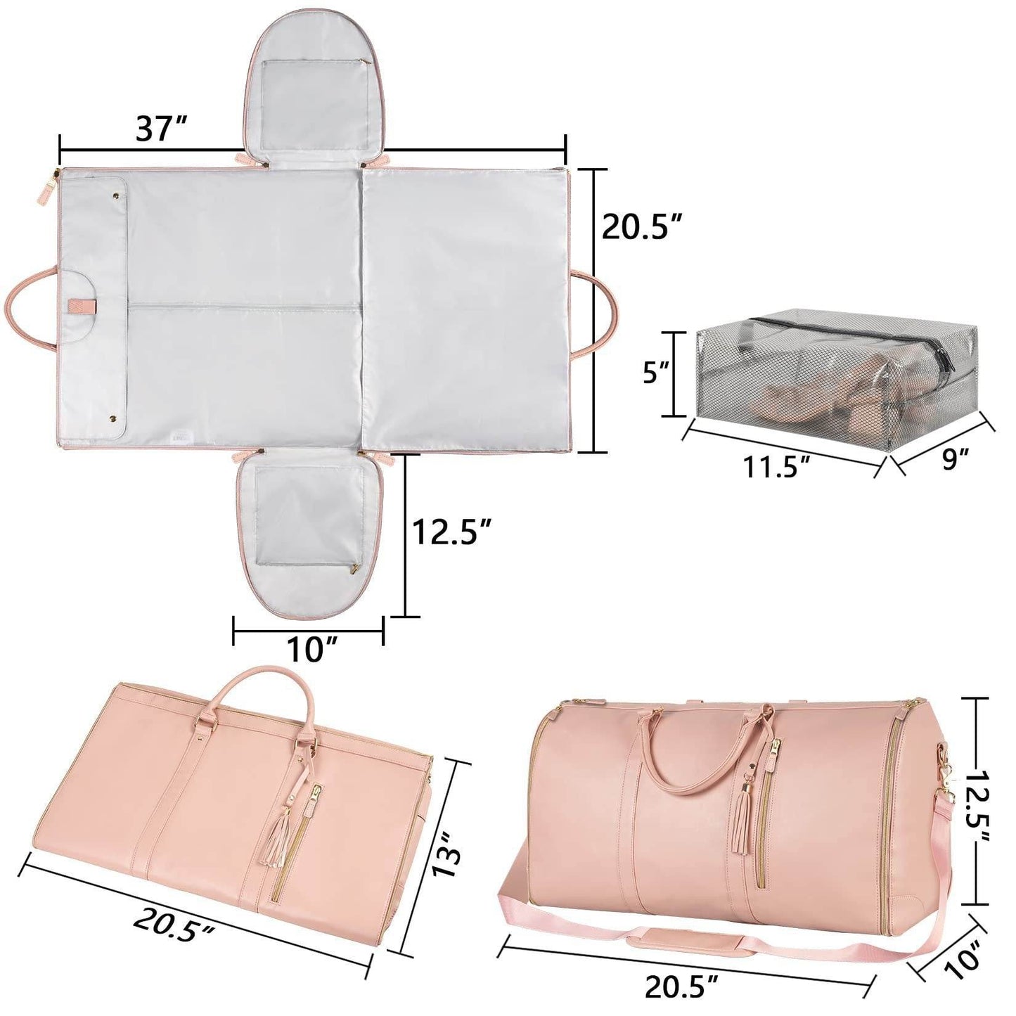 Holy Mango Store blush carry on duffle bag with garment compartment foldout panel shoe storage and shoulder strap