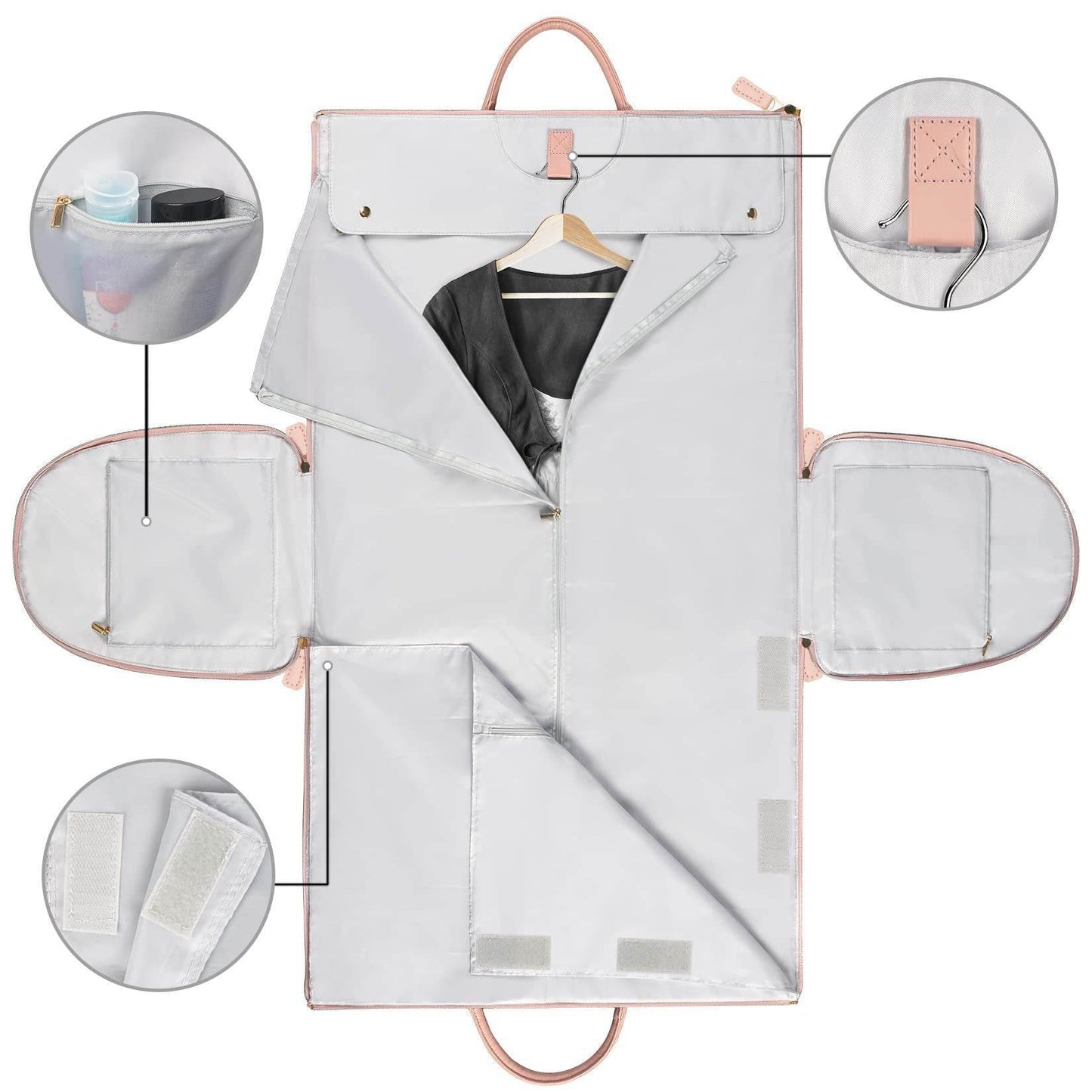 Holy Mango Store womens carry on duffle bag with garment compartment open showing hanger pockets and straps