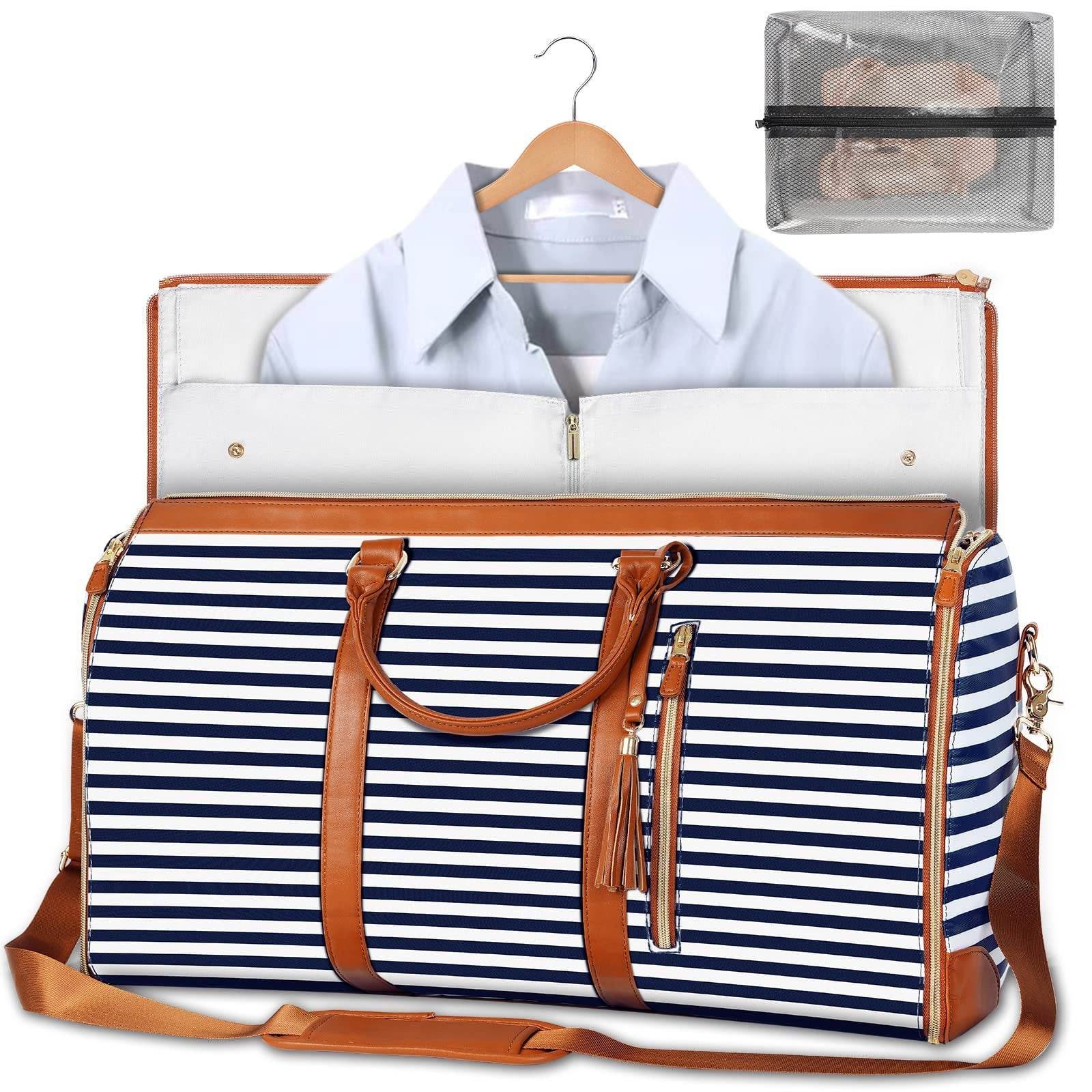 Holy Mango Store navy white striped carry on duffle bag with garment compartment showing hanging shirt and mesh pouch