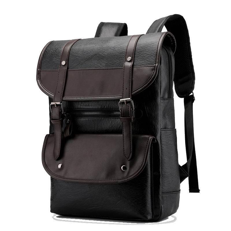 Black leather flap laptop backpack for school with front pockets and buckle straps by Holy Mango Store