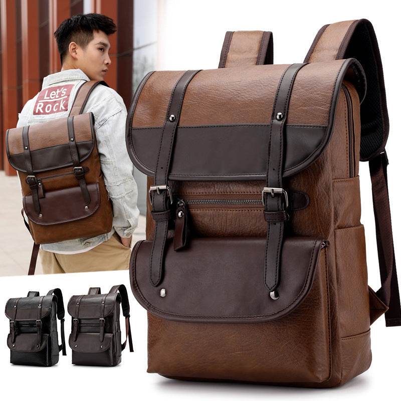 Holy Mango Store brown vintage leather laptop backpack for school with front buckle pockets and padded straps