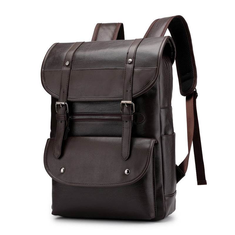 Holy Mango Store brown leather laptop backpack for school with front flap pockets and adjustable straps