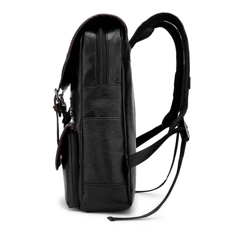 Holy Mango Store black leather laptop backpack for school slim side profile with padded straps and front pocket