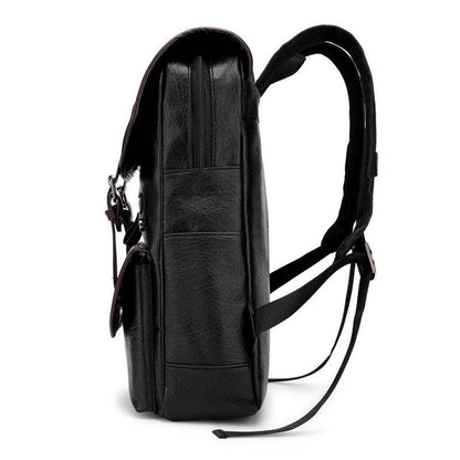 Holy Mango Store black leather laptop backpack for school slim side profile with padded straps and front pocket