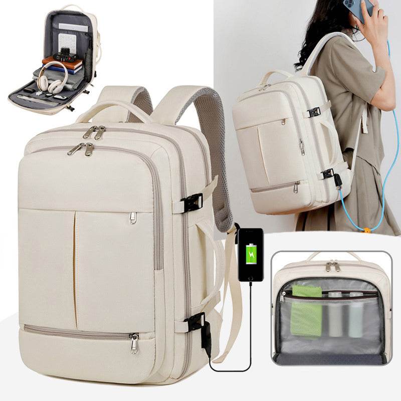 Holy Mango Store beige large capacity travel backpack with USB charging port multiple compartments and organized interior
