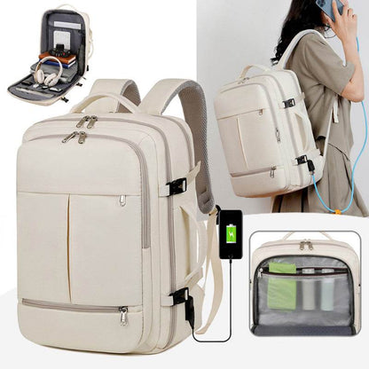 Holy Mango Store beige large capacity travel backpack with USB charging port multiple compartments and organized interior