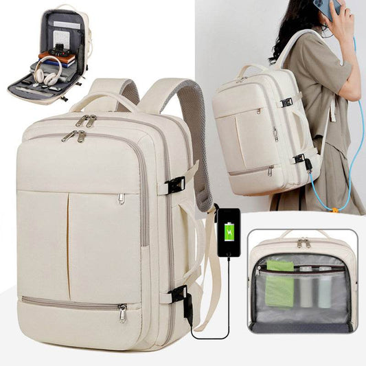 Holy Mango Store beige large capacity travel backpack with USB charging port multiple compartments and organized interior