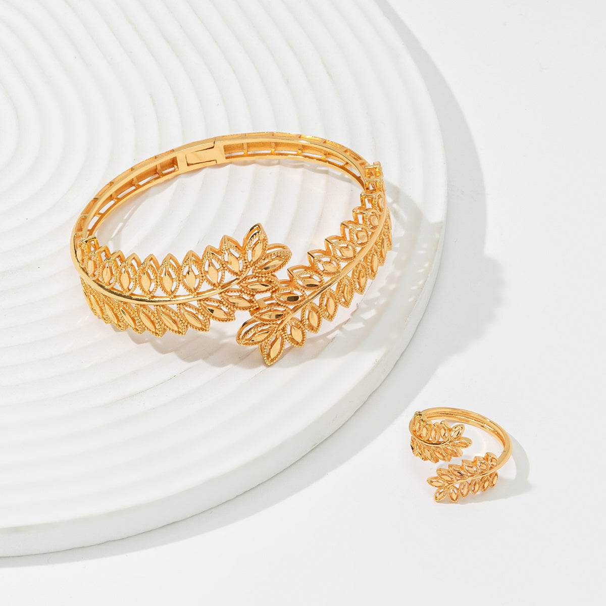 Gold wheat leaf bracelet set with intricate leaf design by Holy Mango Store for women's accessories