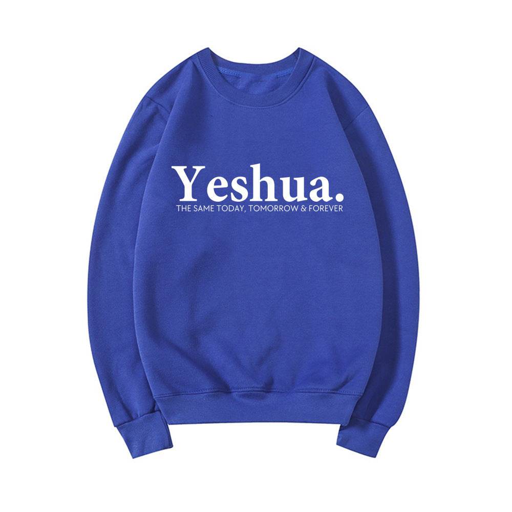Blue vintage Yeshua sweatshirt with white text from Holy Mango Store featuring faith-based message