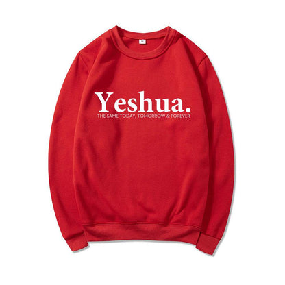 Red vintage Yeshua sweatshirt with white text from Holy Mango Store faith-based apparel
