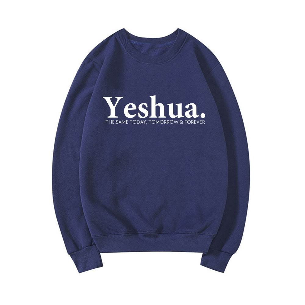 Navy blue vintage Yeshua sweatshirt with white text from Holy Mango Store faith-based apparel