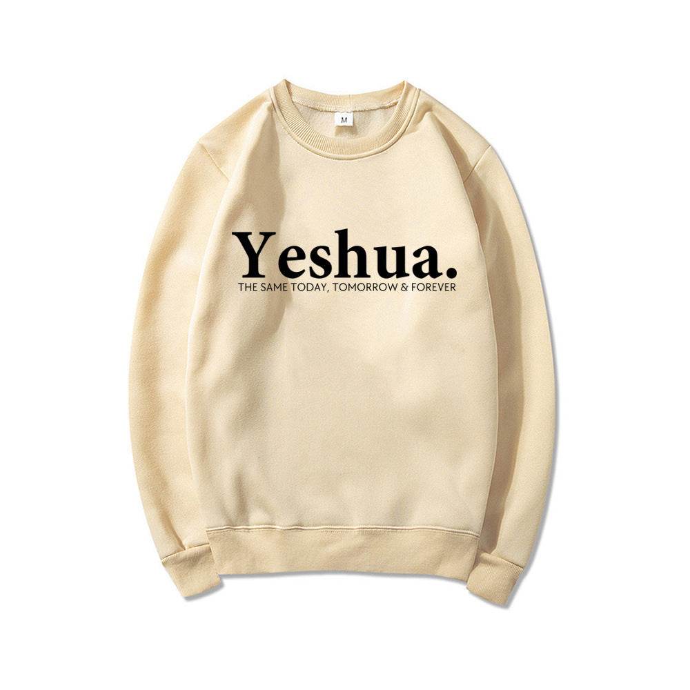 Beige vintage Yeshua sweatshirt with black text from Holy Mango Store faith-based apparel