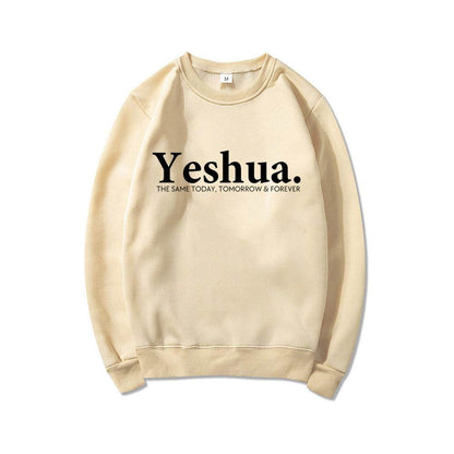 Beige vintage Yeshua sweatshirt with black text from Holy Mango Store faith-based apparel