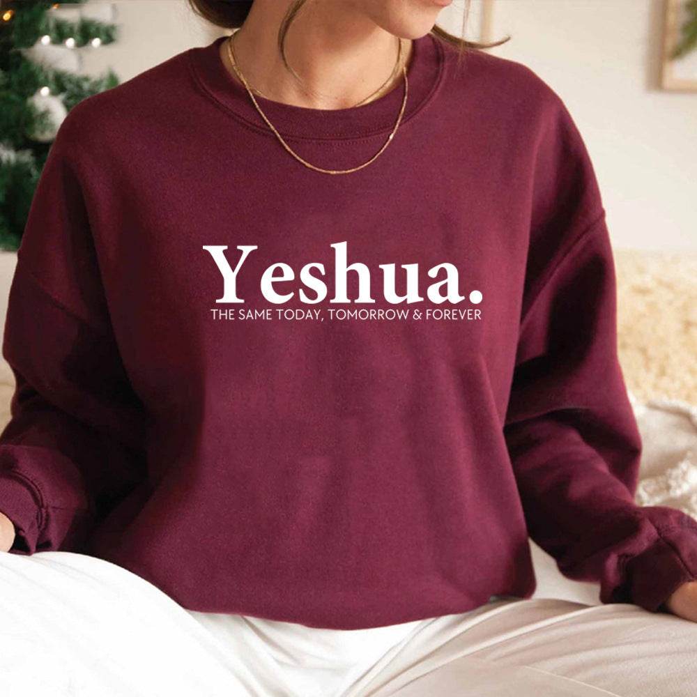 Vintage Yeshua sweatshirt in maroon with white religious text from Holy Mango Store